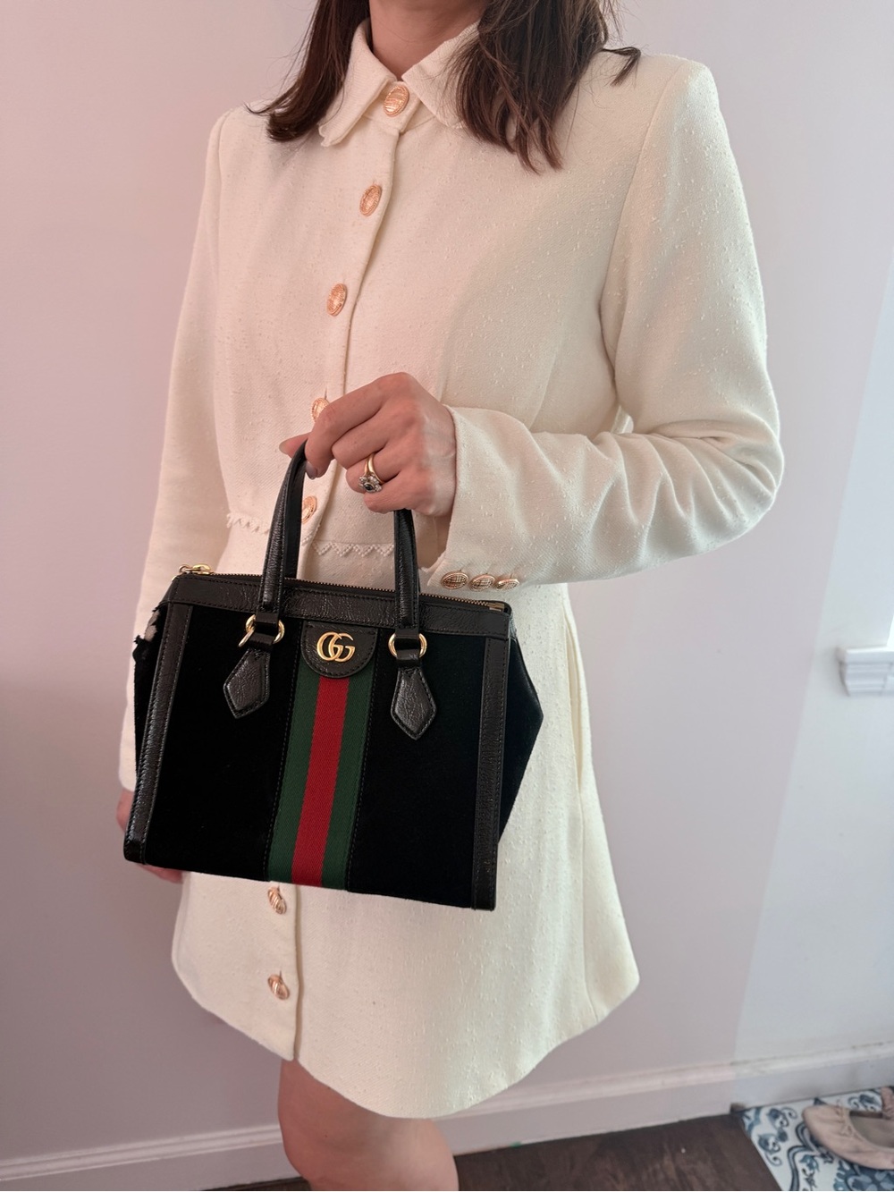 Gucci Black Suede Ophidia Top-Handle Tote with crossbody strap